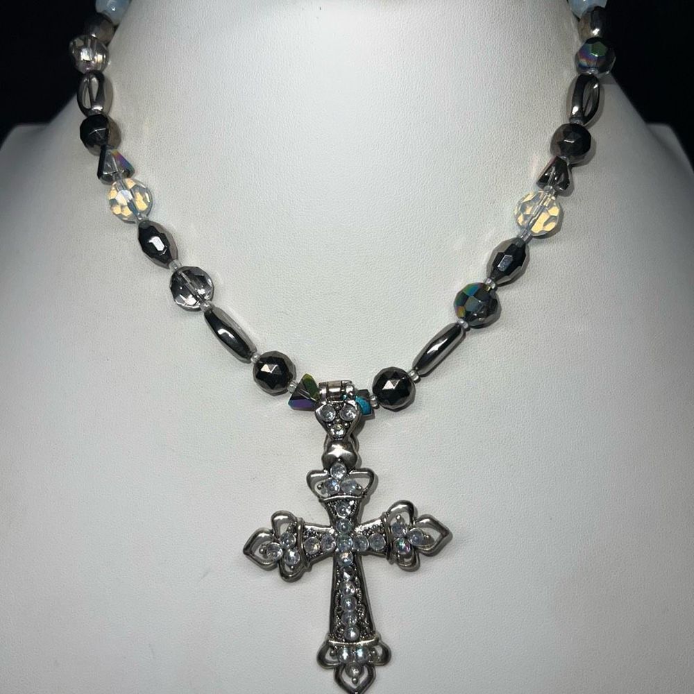 Vintage Aurora Borealis Cross Pendant on a Beaded Necklace